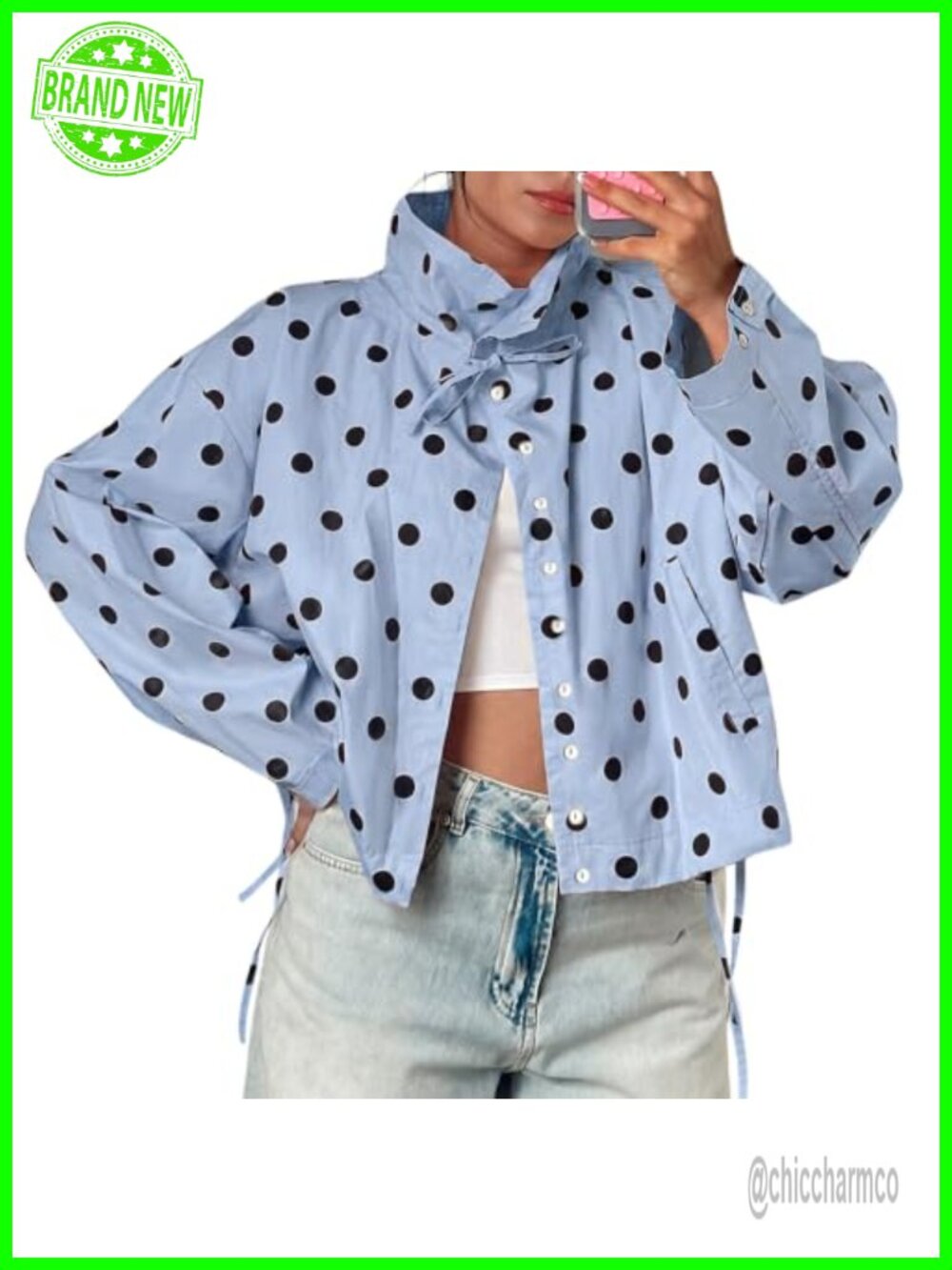 Polka Dot Cropped Trench Jacket, Lightweight Adjustable Drawstring